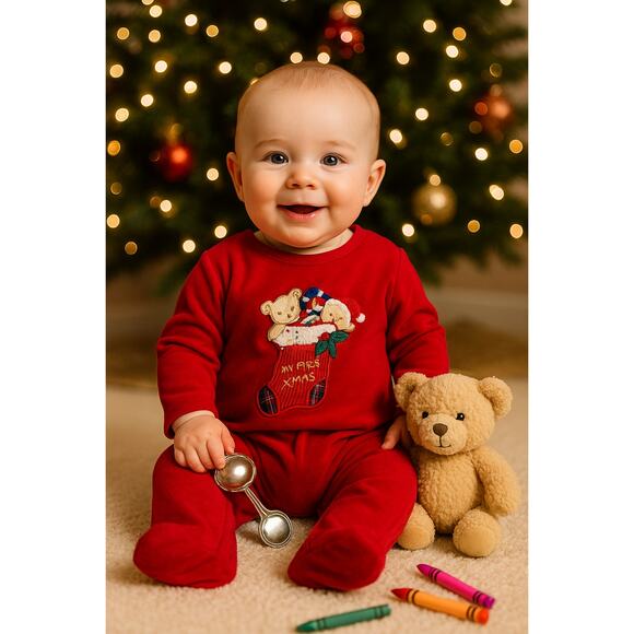 🎄 Vintage 1990s Baby Christmas Footie Pajamas "My First X-Mas” Red Velour 3-6 M - Picture 2 of 12